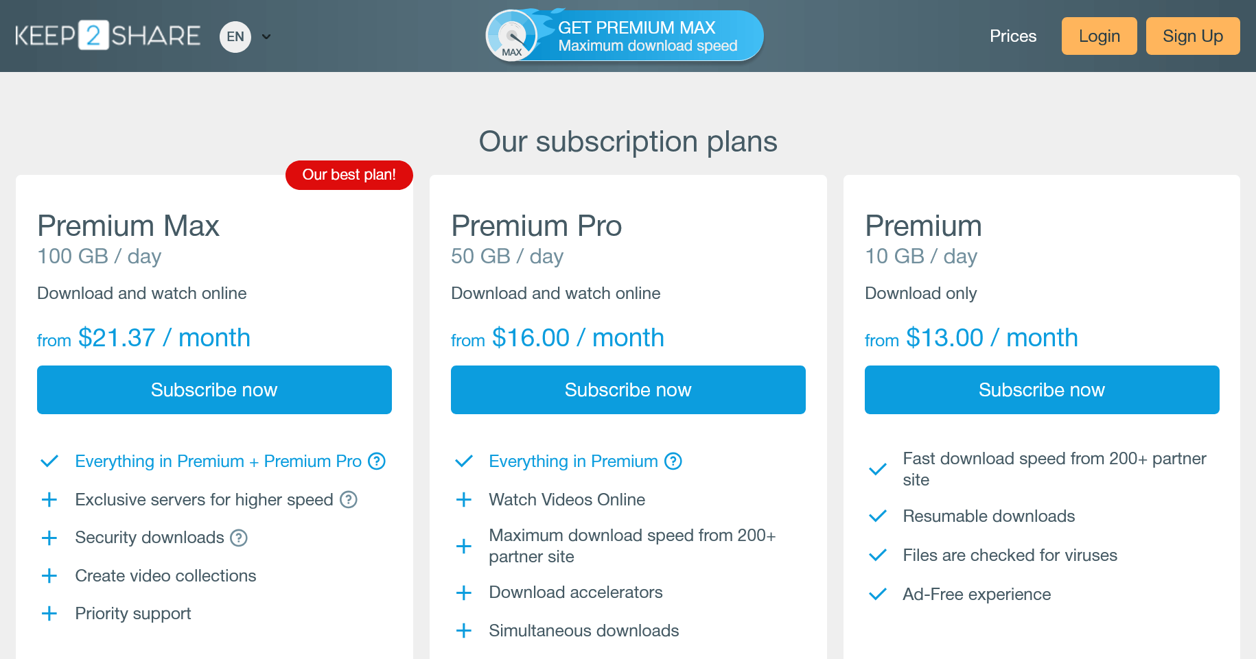 Keep2Share Premium Subscription Plans