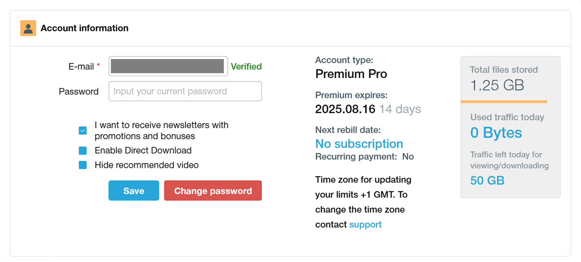 Keep2Share Profile Settings: Traffic, Storage & Network Sites