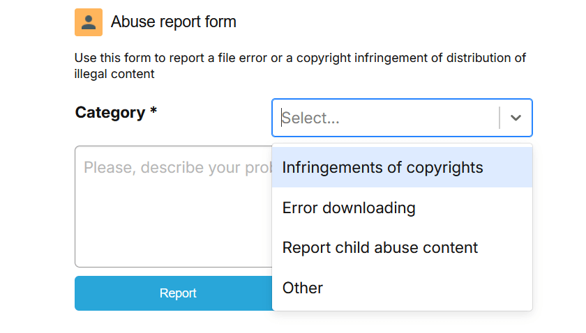Keep2share Abuse Problem Report Form